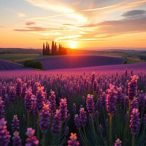 Campo di lavanda in fiore in Toscana al tramonto