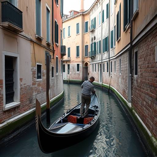 Gondola che naviga lungo un canale stretto a Venezia, con edifici storici sullo sfondo