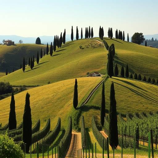 Paesaggio collinare toscano con cipressi e vigne, Toscana