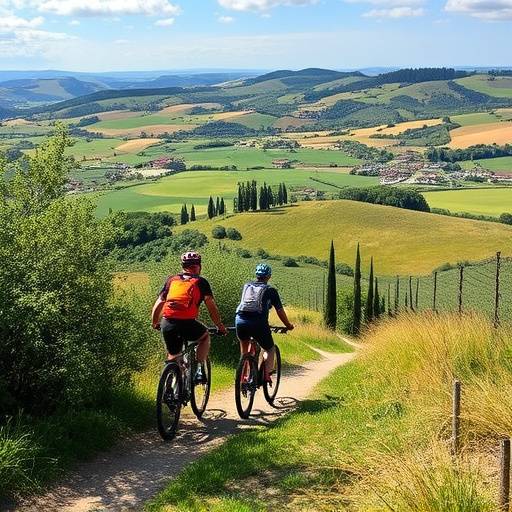 Persone che vanno in mountain bike attraverso la campagna toscana
