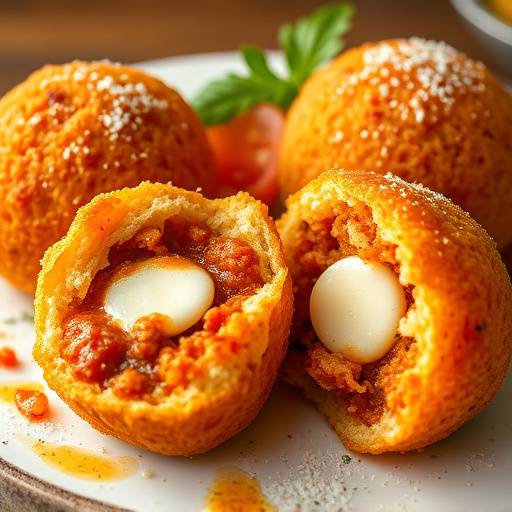 Un piatto di arancini siciliani, dorati e croccanti, ripieni di riso, rag&ugrave;, mozzarella e piselli.