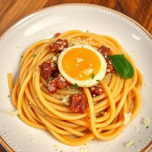 Un piatto di spaghetti alla carbonara, conditi con uovo, guanciale, pecorino romano e pepe nero.