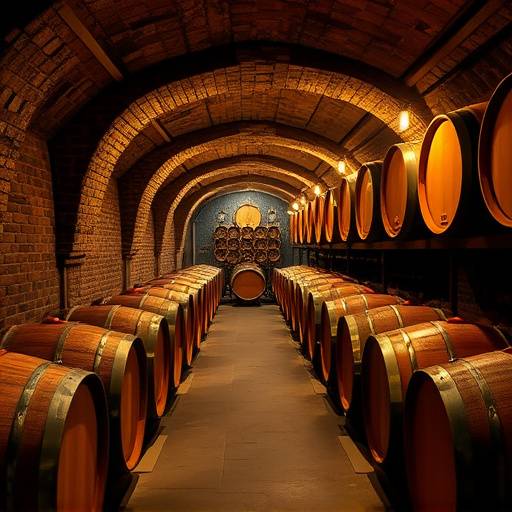 Una cantina italiana con botti di legno allineate, illuminata da una luce soffusa, creando un'atmosfera calda e accogliente.