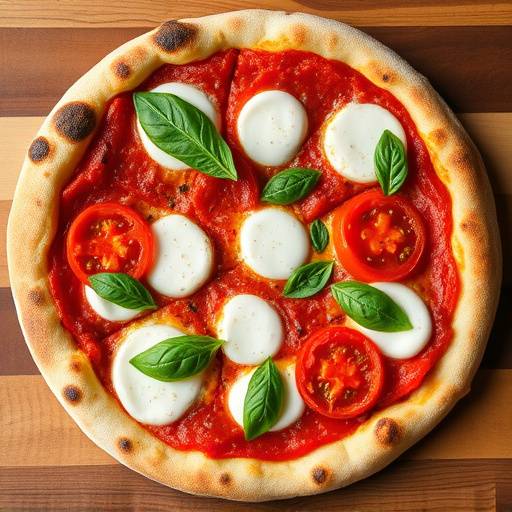 Una pizza napoletana con mozzarella di bufala, pomodori San Marzano, basilico fresco e un cornicione alto e soffice, appena sfornata.