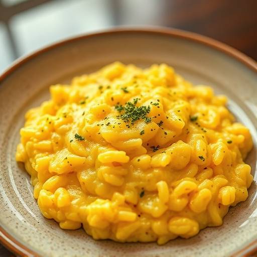 Una porzione di risotto alla milanese, con il suo caratteristico colore giallo zafferano, servito in un piatto di ceramica.