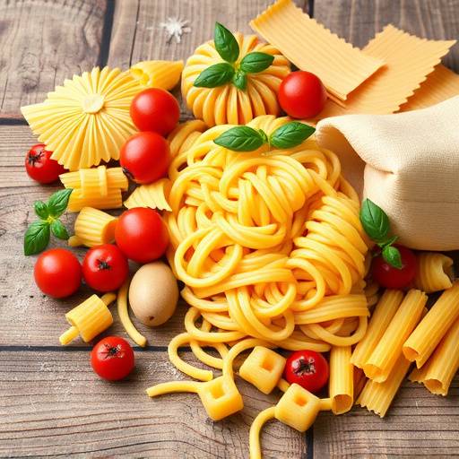 Una selezione di diversi tipi di pasta italiana, tra cui spaghetti, penne, fusilli e farfalle, disposti artisticamente su un tavolo di legno.