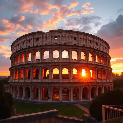 Veduta panoramica del Colosseo illuminato al tramonto a Roma